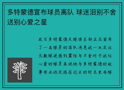 多特蒙德宣布球员离队 球迷泪别不舍送别心爱之星