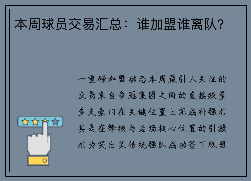本周球员交易汇总：谁加盟谁离队？